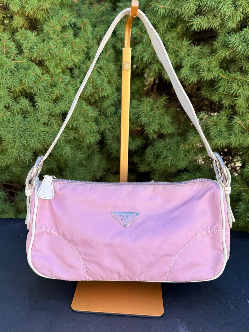 Prada Tessuto Pink Nylon Shoulder Bag with White Trim and Strap and dustbag